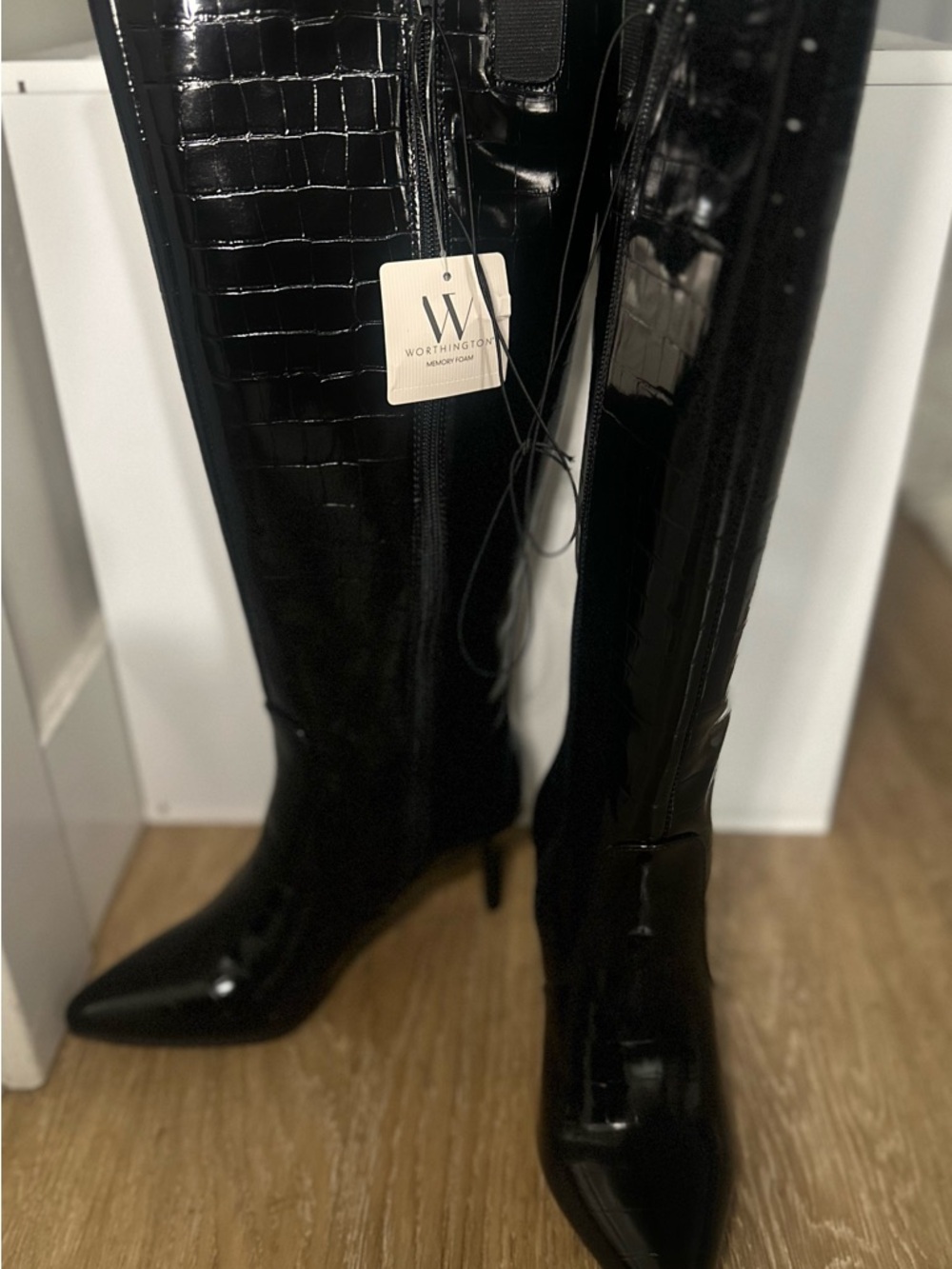 Worthington Black Croc-Embossed Patent Over-the-Knee Stiletto Boots